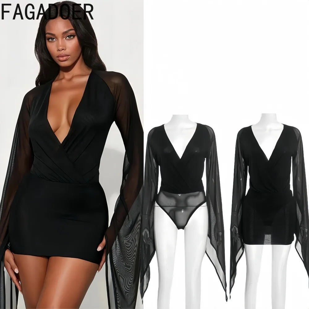 

FAGADOER Sexy Mesh Ruched Patchwork Bodycon Dresses Woman Solid Color Deep V-neck Long Sleeves Dress Female Streetwear Vestidos