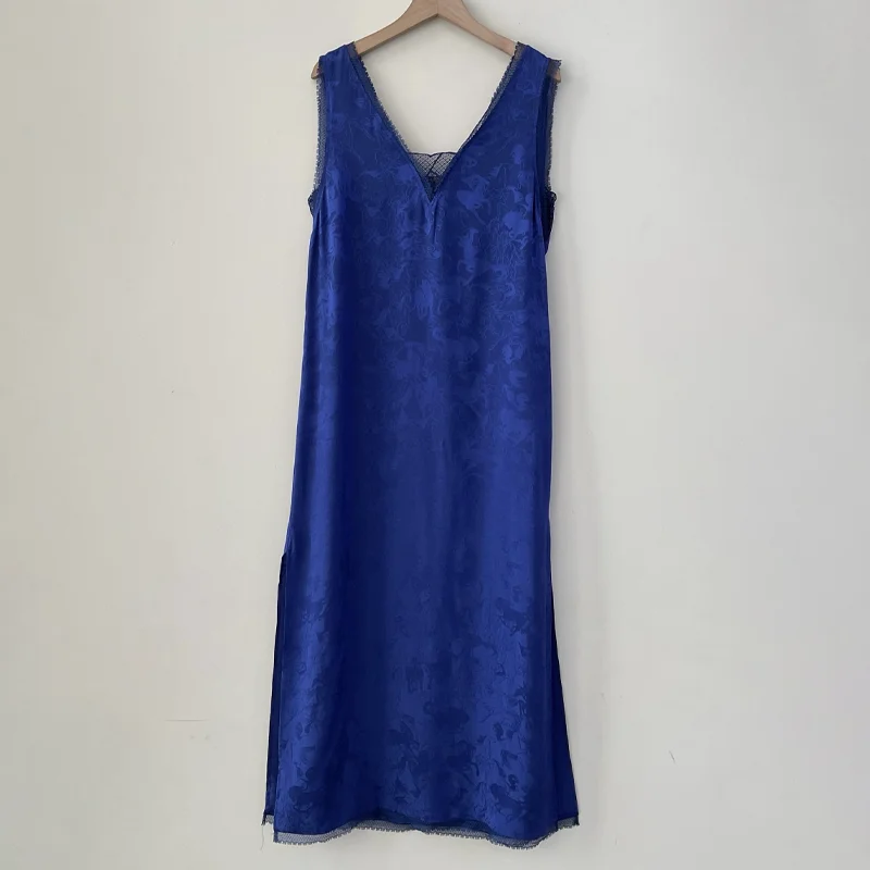 ブルードレス女性レースパネルVネックローブ馬ジャカードジュープ女性ドレスカジュアルスリットヘムローブレディースルーズロングジュープ