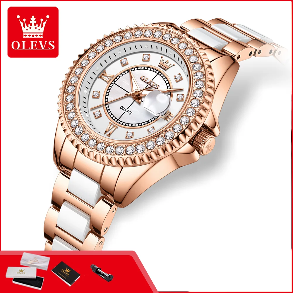 OLEVS 3685 Luxury Brand Quartz Watches for Women Ceramic Strap Diamond Bezel Auto Date Elegant Fashion Ladies Dress Wristwatches