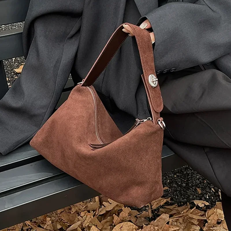 

Women Suede Bag Retro Frosted Cowhide Split Leather Armpit Bag Lady Handbag Trendy Female Crossbody Bag
