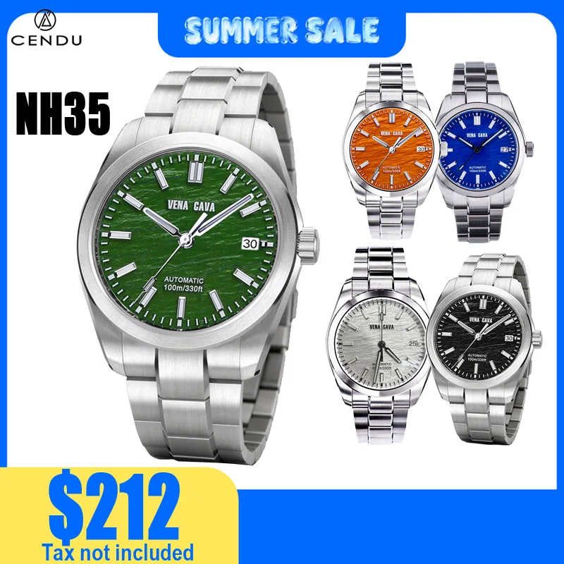 Men Watch 39mm Automatic Wristwatches NH35 Pattern Dial Orange Solid Links Sapphire 10 ATM See-through Back Fly Adjustment Clasp