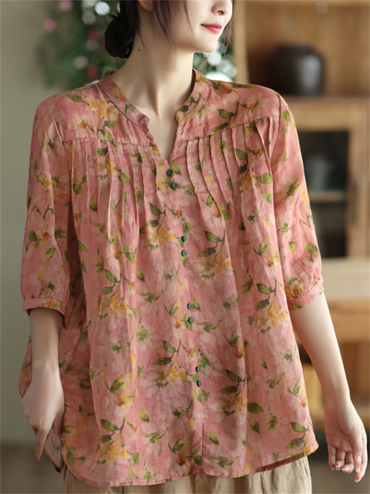 

Хлопково-льняное белье в стиле ретро с цветочным принтом Five-Quarter Sve irt, женское фирменное имя irt, летний отдых, свободный крой с v-образным вырезом и принтом для поездок на работу