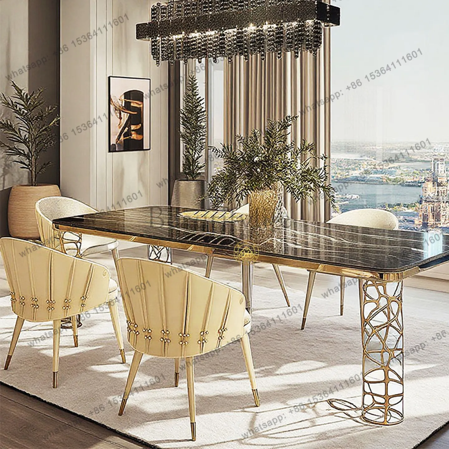 

Light luxury travertine dining table and chair combination luxury home high-end hollow square table creative dining table