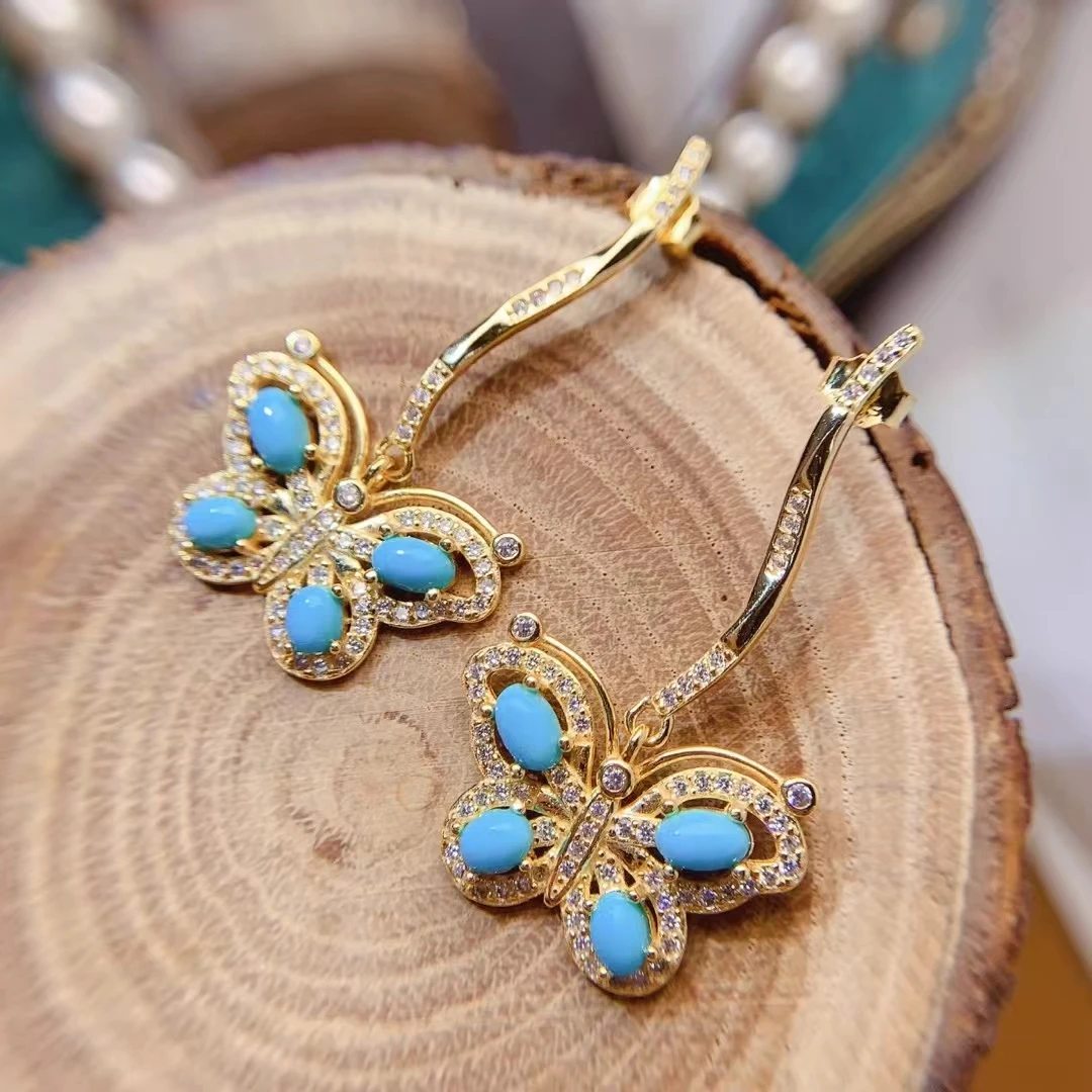 KJJEAXCMY Natural Turquoise New Earrings S925 silver , electroplated locking color process, high clarity Gems Full of luster