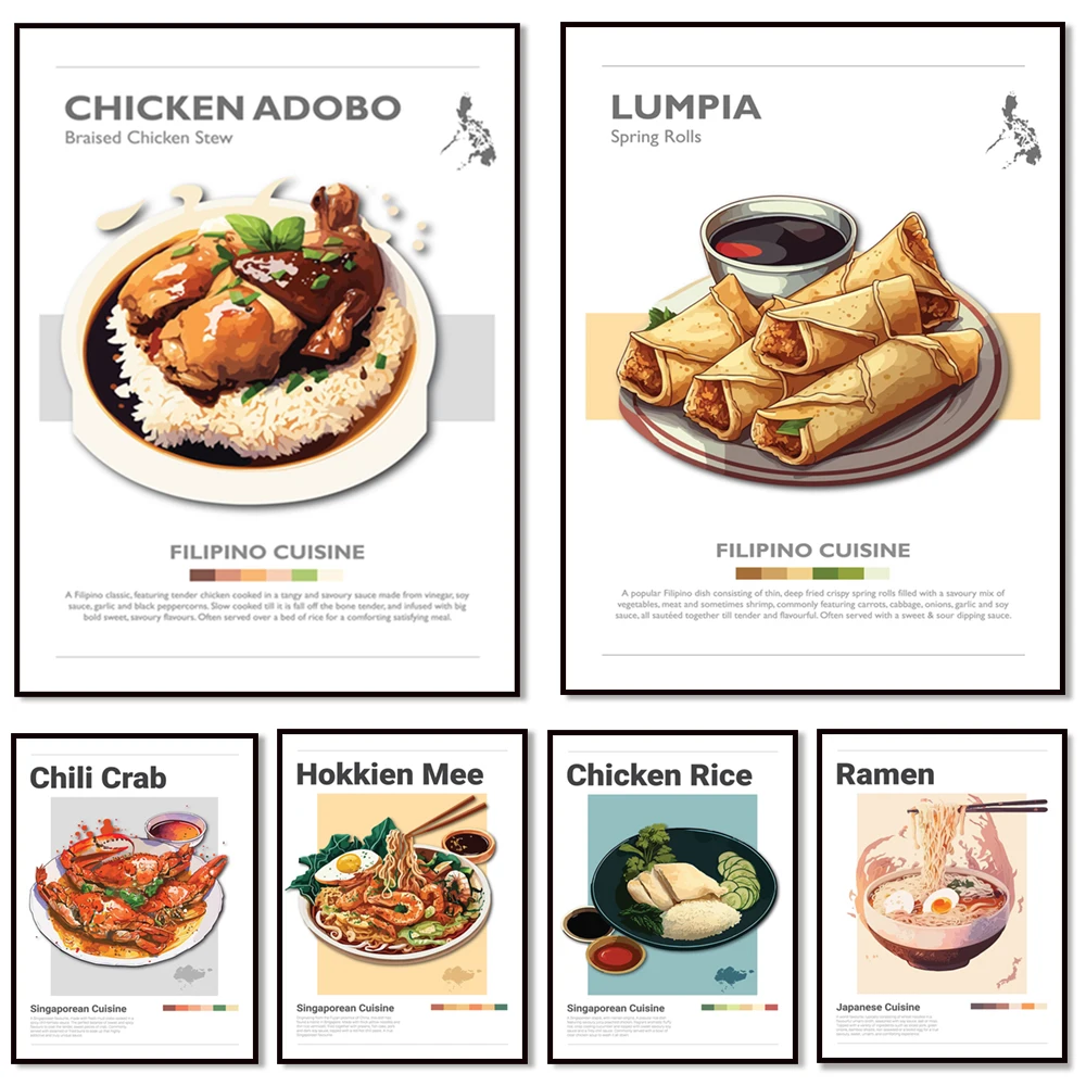 Filipino Chicken Adobo, Lumpia, Halo Halo, Japanese, Ramen, Dumplings, Sushi, Singapore Food Poster, South East Asian Cuisine