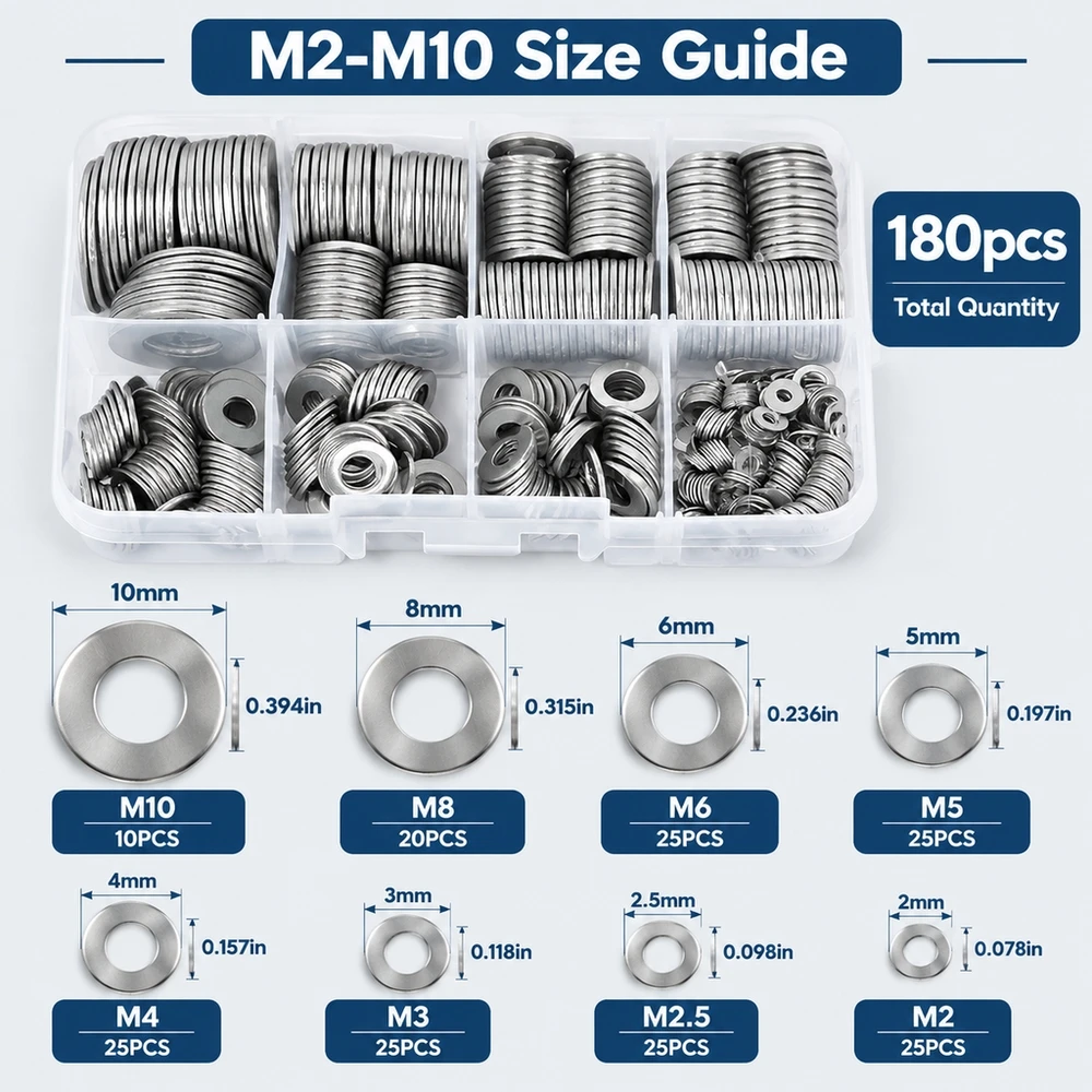 Polished 304 SS Washers M2-M10 Pack 180 Pcs Durable Corrosion Proof Fasteners for Workshop and Garage Storage Solutions