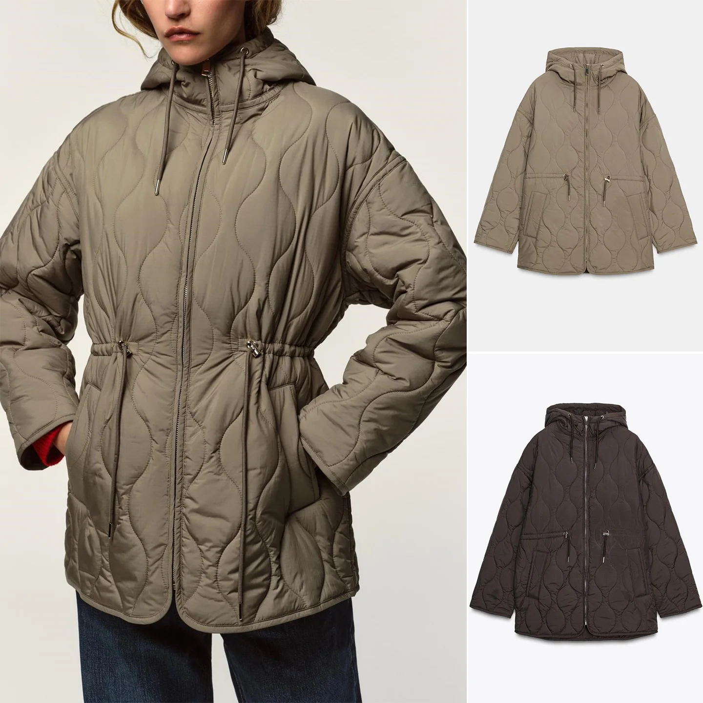 

New Autumn Women's Casual Long Sve Hooded Jaet with Belt Waist Stitching Zipper Closure Color Commute Sle Coat