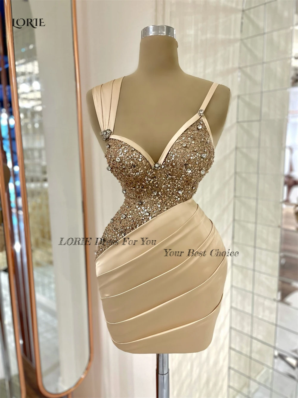 LORIE Champagne Cocktail Party Gowns Beaded Pleats Mini Formal Evening Dresses Bodycon Dubai Arabia Gown robe de soirée femme