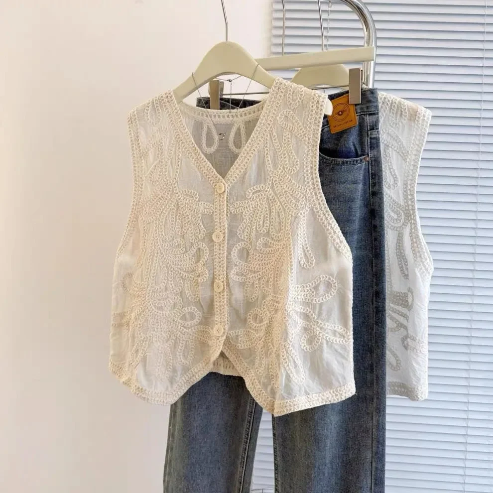 

Embroidered Paisley Vest Women Sheer Open-knit Waistcoat V-neck Button-down Sleeveless Blouse Summer Retro Boho Cottagecore