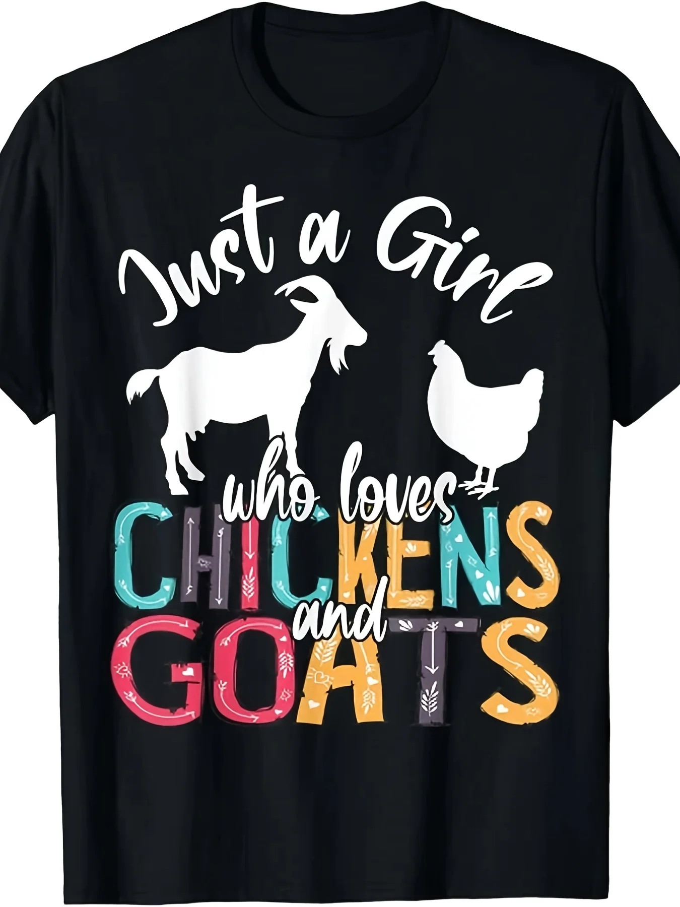 Cute Just A Who Loves Chickens & Goats Farmer T-Shirt - Retro Farm Animal Graphic Tee, Unisex for men & women, 100% 220G, Casual & farmer suit Outfits, Machine Washable Round Neck Short-Sleeve Top