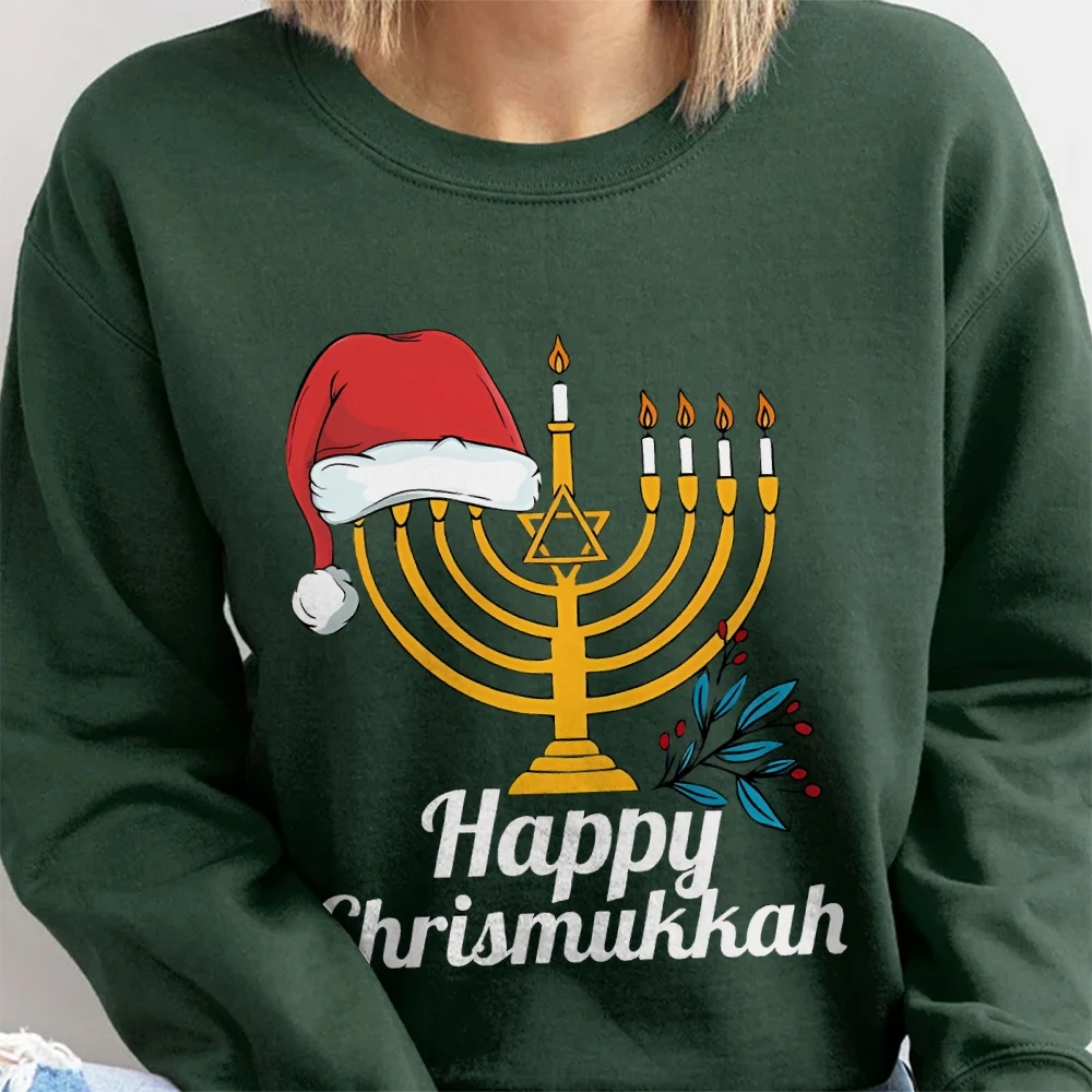 Bluza świąteczna Happy Hannukah Sweter Żydowski top Koszula Wakacyjny sweter świąteczny Żydowskie powiedzenie Pullover Prezent Chanuka Bluza z