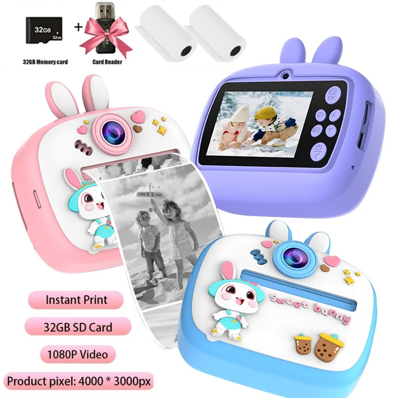 Children Digital Camera Instant Print for Kids Thermal Print Rabbit Camera Instant Photo Printing Camera Video Toys+32G Memory