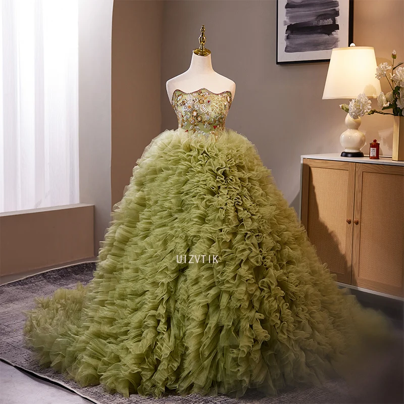 

Customized Graceful Strapless Evening Dress Exquisite Sleeveless Prom Dresses Temperament Chapel Train Special Occasion Gowns