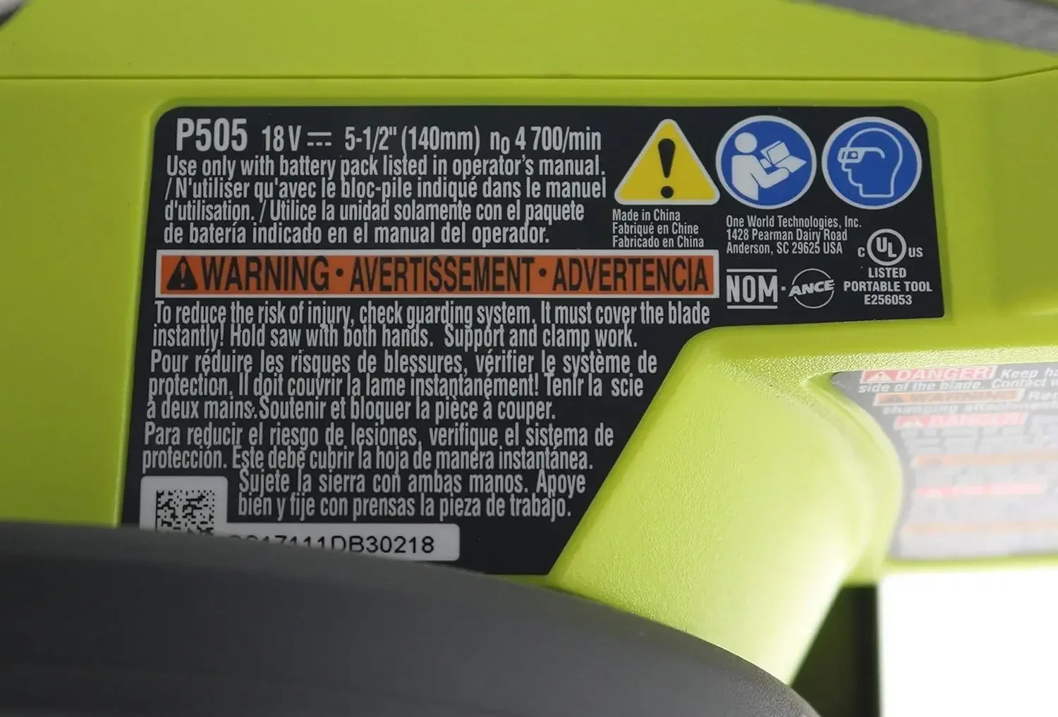 Ryobi One P505 Sega circolare a batteria agli ioni di litio da 18 V 5 1/2" 4,700 giri/min (batteria non inclusa, solo utensile elettrico), barra di taglio verde