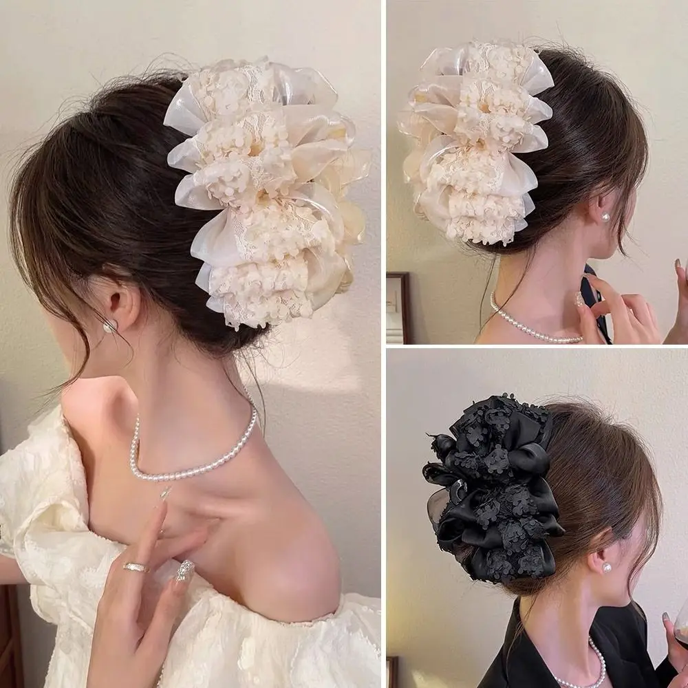 Novo 3d flor bowknot grampo de cabelo branco preto dupla face tubarão clipe elegante doce garra hairpin para meninas