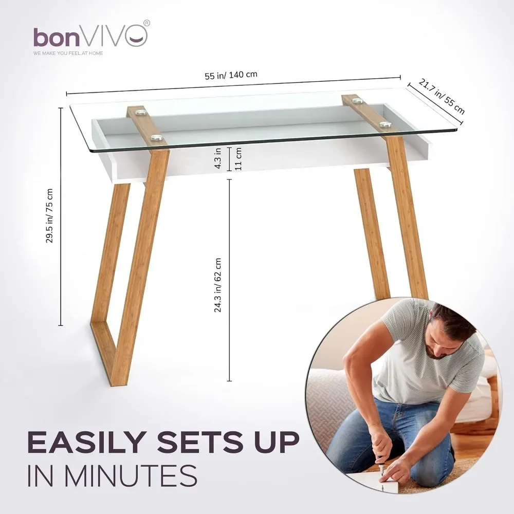 Massimo-Mesa de Estudo com Vidro para Espaços Pequenos, Mesa Moderna para Computador, Sala Escritório e Quarto, 55"