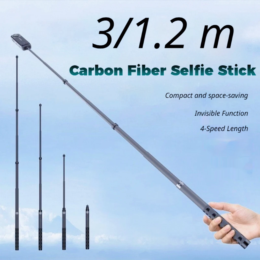 

3M/1.2M Invisible Selfie Stick Carbon Fiber Extended Monopod 47.2" Long Pole for DJI Osmo 360/Nano/Action 6 5 4 3/Insta360 X5/X4