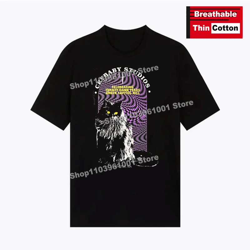 

Breathable Thin Cotton T-Shirt CRYBABY STUDIOS-Aristocratic Black Cat Print Shirts y2k Hip Hop Casual Street Short Sleeve Tees
