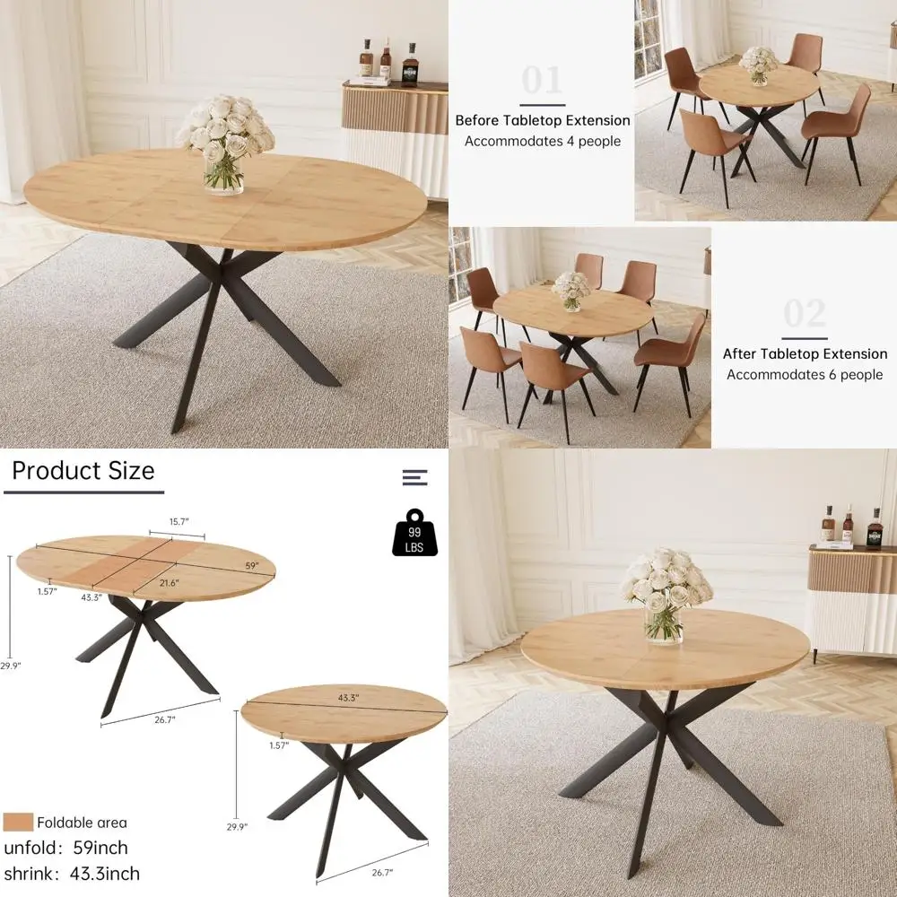 mid century modern extendable round dining table in leisure oak style for space-saving