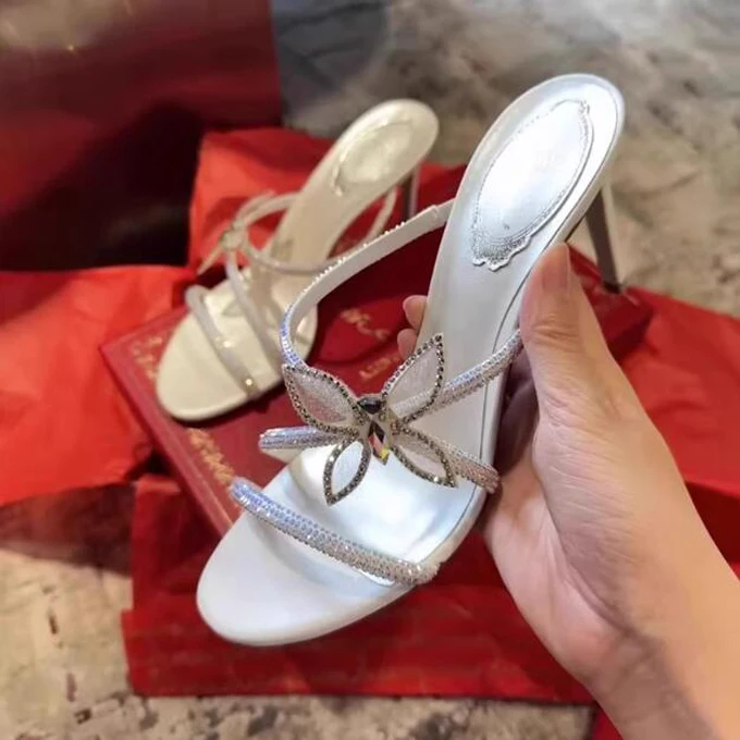 Summer White Rhinestone Butterfly Flower Slingbacks Sandals Crystal Drilled High Heels Thin Straps Slipper Woman Banquet Shoes