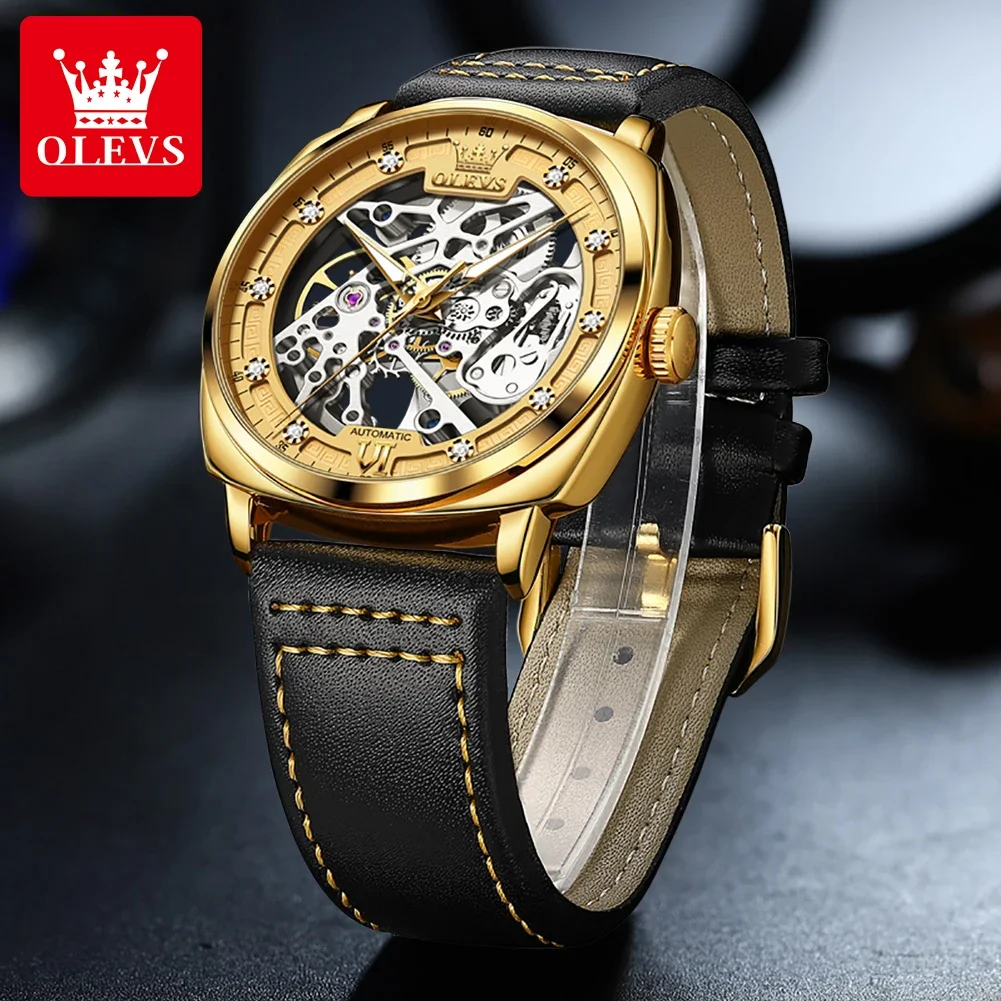 OLEVS-Montre Mécanique existent pour Homme, Modules de Bracelet en Cuir, Cadran Seton, Étanche, Mode Shoe, Montre-Bracelet d\'Affaires