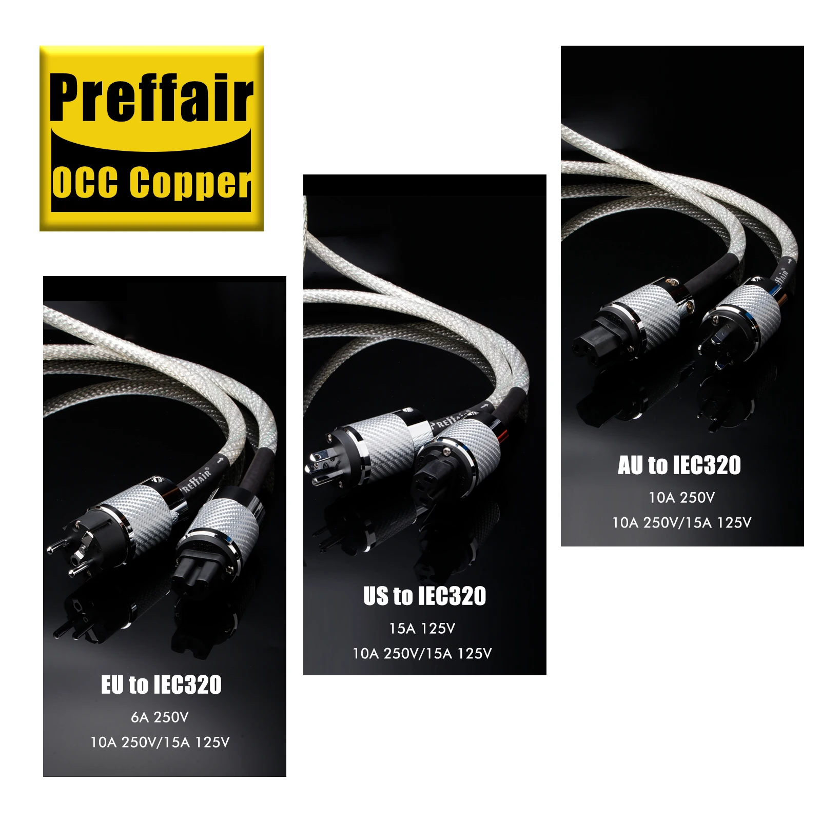 

Preffair Power cable Gold OCC Silver Plated power cord 12AWG for Amplifier IEC 320 C15 Audio EU/US/AU Version Power Wire