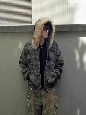 

Thiened Plu Hooded Cotton Jaet Men's Loose Baseball Cotton Clothes Camouflage Trendy ort Versatile Cotton Coat