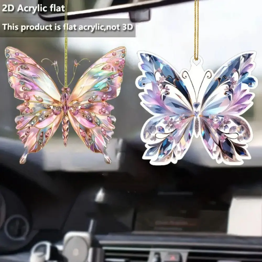 

2D Car Accessories Acrylic Purple Aesthetic Rear View Mirror Charm Sparkling Butterfly Shape Car Pendant Christmas Decoration