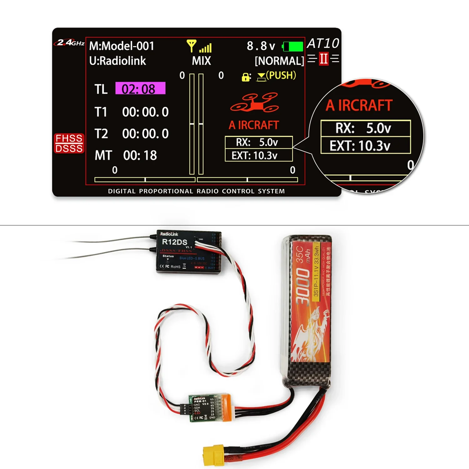 Radiolink PRM-01 Display del modulo di telemetria di tensione della batteria dell'aereo su AT9S AT9S Pro AT10II Funziona con R9DS R12DS RC FPV Drone