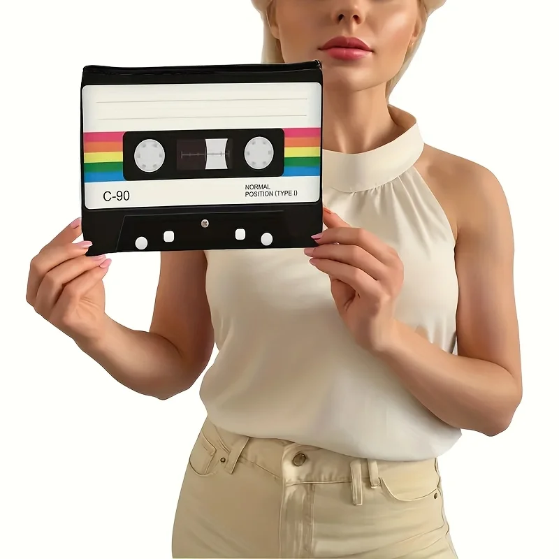 Lightweight Polyester Retro Cassette Tape Cosmetic Bag Zipper Closure, Foldable 80s/90s Nostalgia Design for Women Travel Bag