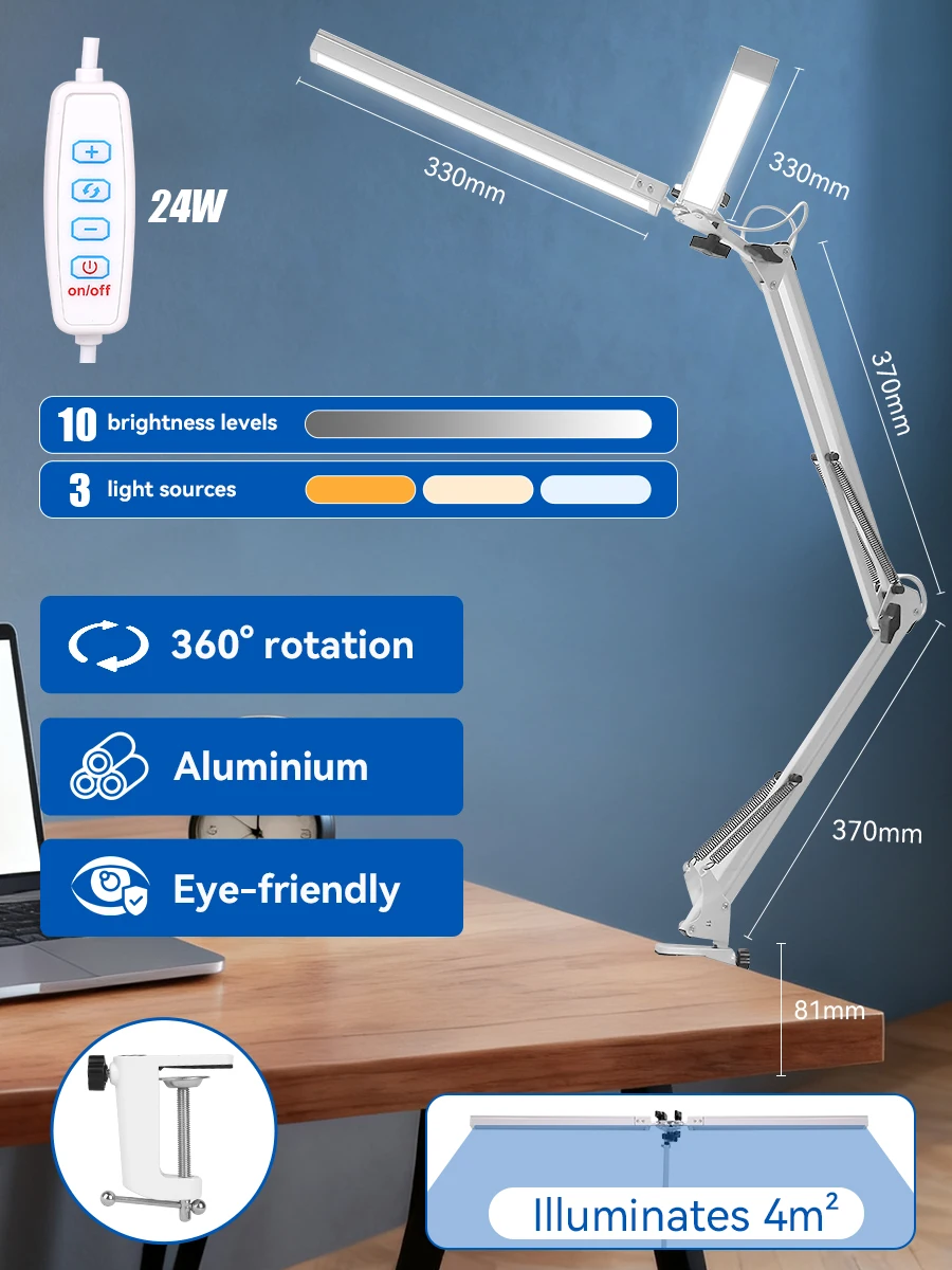24w LED Desk Lamp Dimmable Reading FoldingTable Lamp Clip On Monitor light USB Double Head Lamp of Office Study Working Light