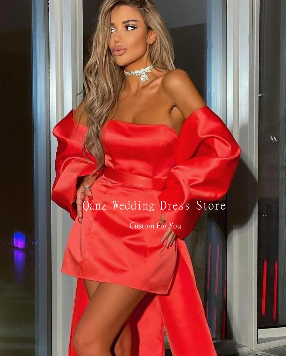 Qanz Modern Red Satin Prom Dresses Bow Shawl 2 Pieces Strapless Short Birthday Dress Women Party Cocktail Dress Customized