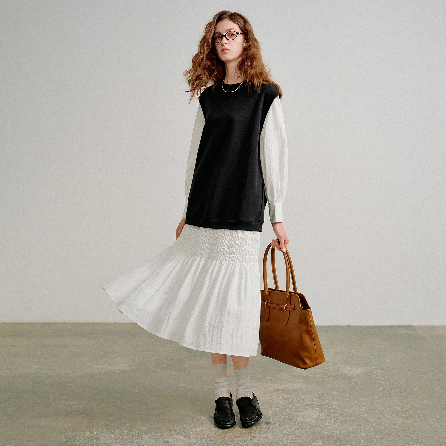 TOYOUTH فساتين النساء 2026 ربيع جديد أسود أبيض الربط وهمية قطعتين Smocked أنيقة الشكل الاغراء ميدي فستان #3