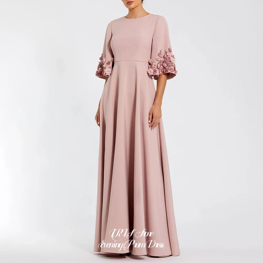 

IRIS Customized Pink Crepe A-Line Prom Dress for Women Round Neck 3/4 Sleeve Floral Detail A-Line for Classic Bridal Tea Party