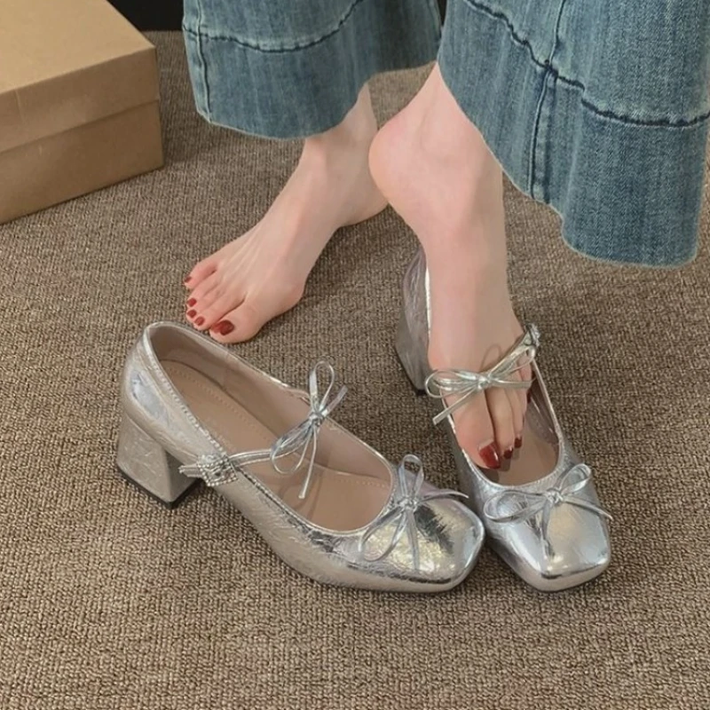 

Silver Bow Mary Jane Women Shoes 2025 Spring Summer High Heel Pumps Height Increasing French Elegance Versatile Chic