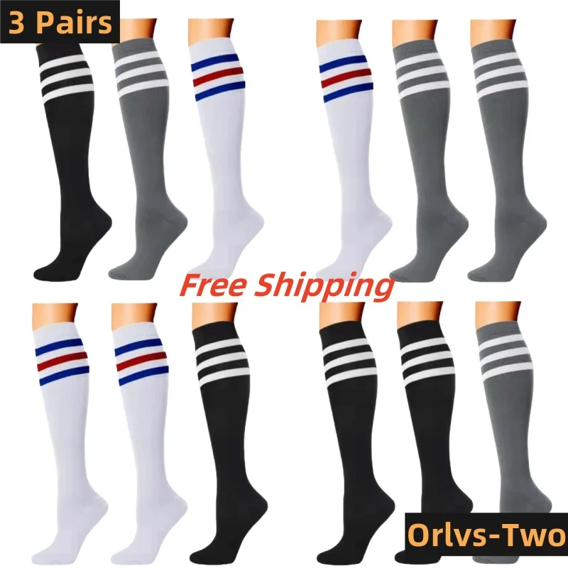 3 Pairs/ lot Pack Compression Socks Black White Stripe Stockings Football Soccer Stockings Compression Knee High Sports Socks