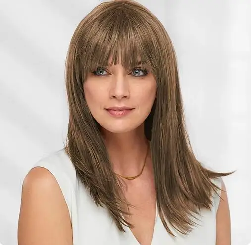 Synthetic Hair Blonde Smooth Straight Long Wig with Blunt Bangs Party Wigs for Women