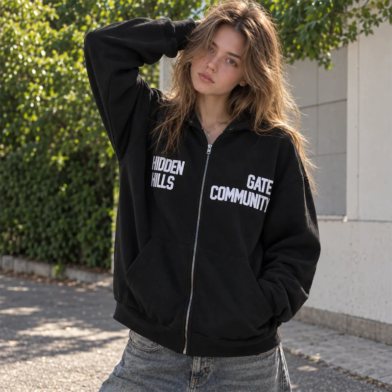 Damen-Kapuzenpullover mit Reißverschluss, Buchstabenmuster, lange Ärmel, Oversize-Sweatshirt, lässige Y2K-Streetwear-Jacke, schwarzes und rotes Kapuzentop für Damen. – Detail 10