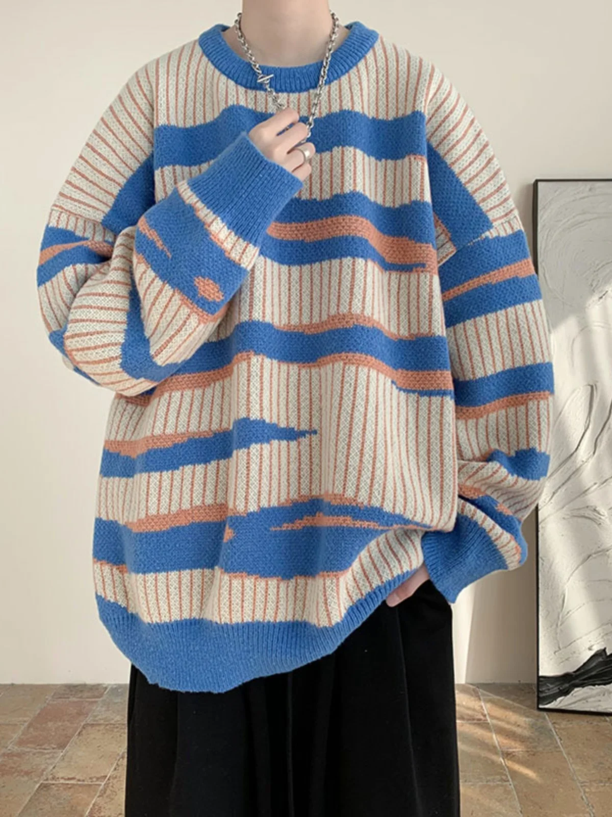 

Мужской вязаный свитер оверсайз, свободного кроя, с капюшоном, зимний, повседневный, с круглым вырезом, длинный рукав, удобный свитер