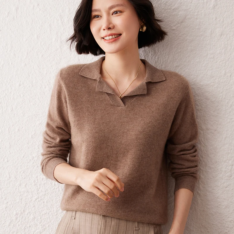 

2025 Autumn Winter New Style Lapel Long Sleeved Lazy Sweater Loose Temperament Wool Sweater Base Knitted Sweater Cashmere Top