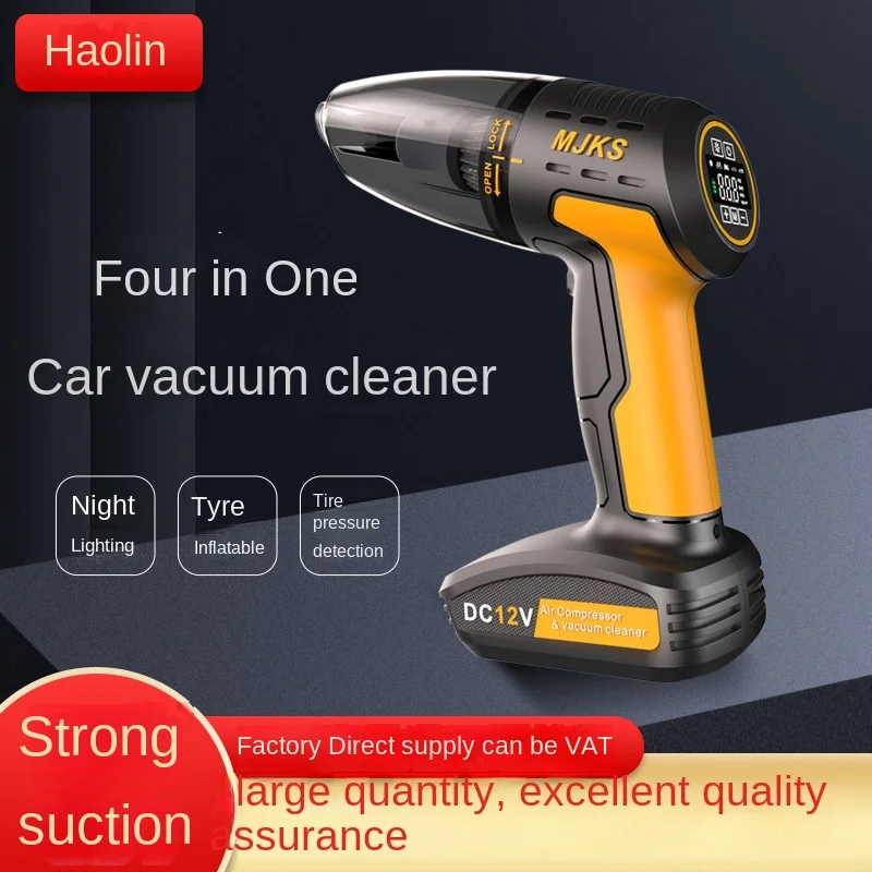 Wireless vacuum cleaner, inflatable pump, light, tire pressure measurement 4-in-1 car household portable vacuum cleaner