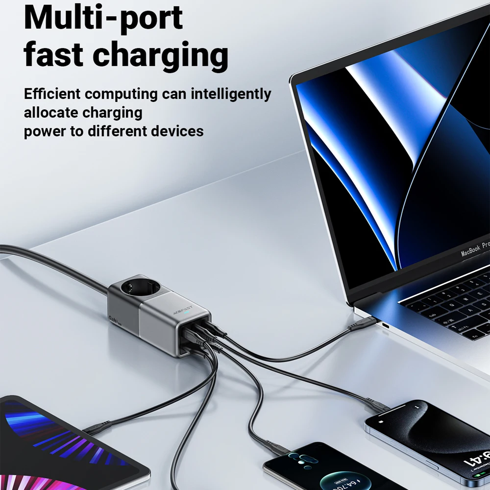 ACEFAST 75W GaN Charger Desktop Charging Station PD3.0 Fast Charger 3 USB-C 2 USB-A for MacBook Pro iPad iPhone 15 14 13 Samsung