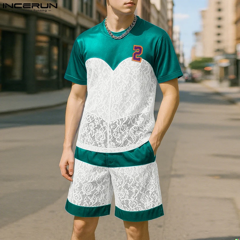 INCERUN Men Sets Mesh Lace Patchwork See Through Short Sleeve T Shirt & Shorts 2PCS Sexy Streetwear 2025 Fashion Men's Suits