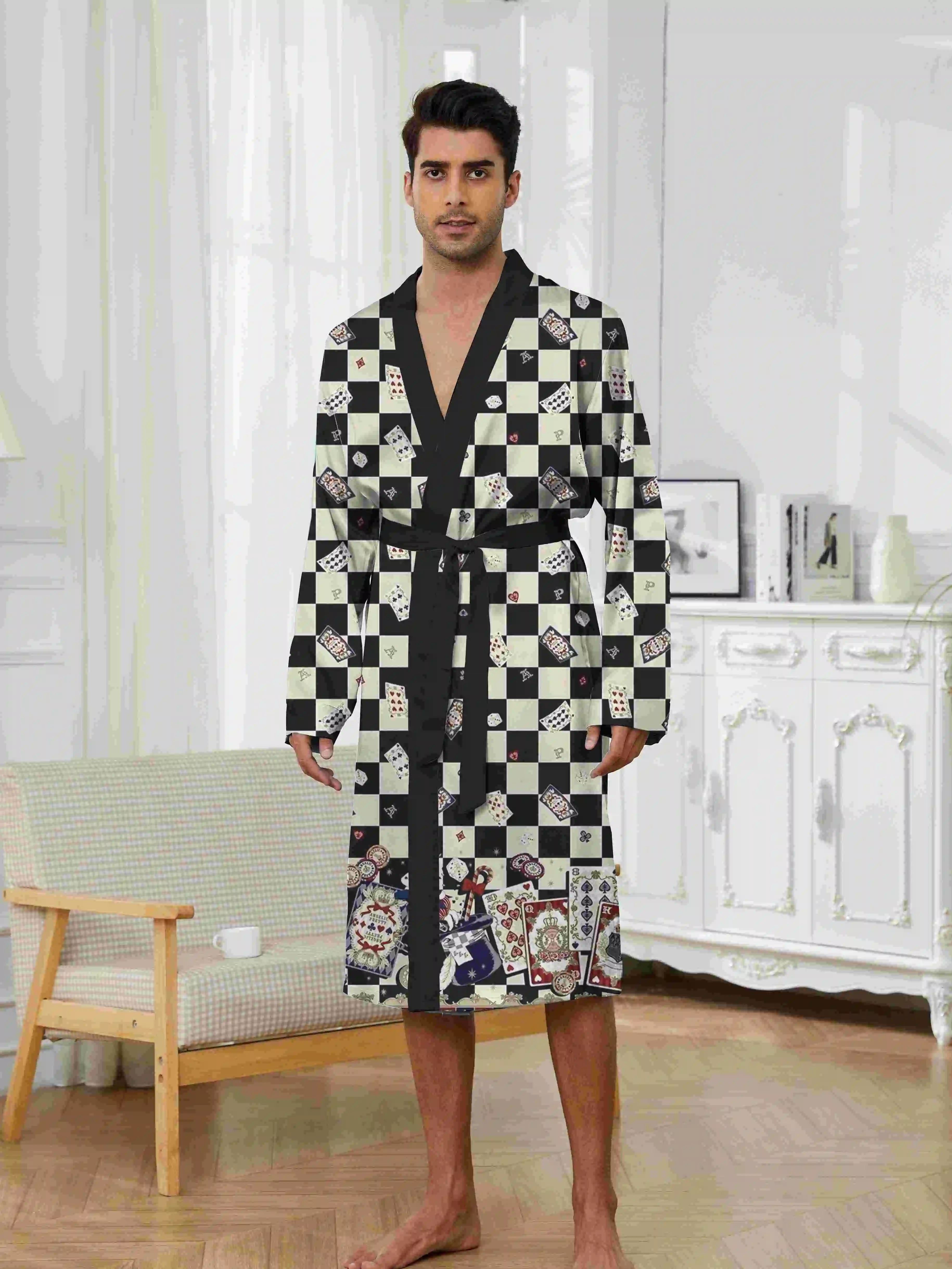 أردية رجالية طويلة مع طباعة رقمية ومنامة ممتعة بأنماط بطاقة الشطرنج عصرية وسريعة الجفاف للترفيه الترفيهي. #3