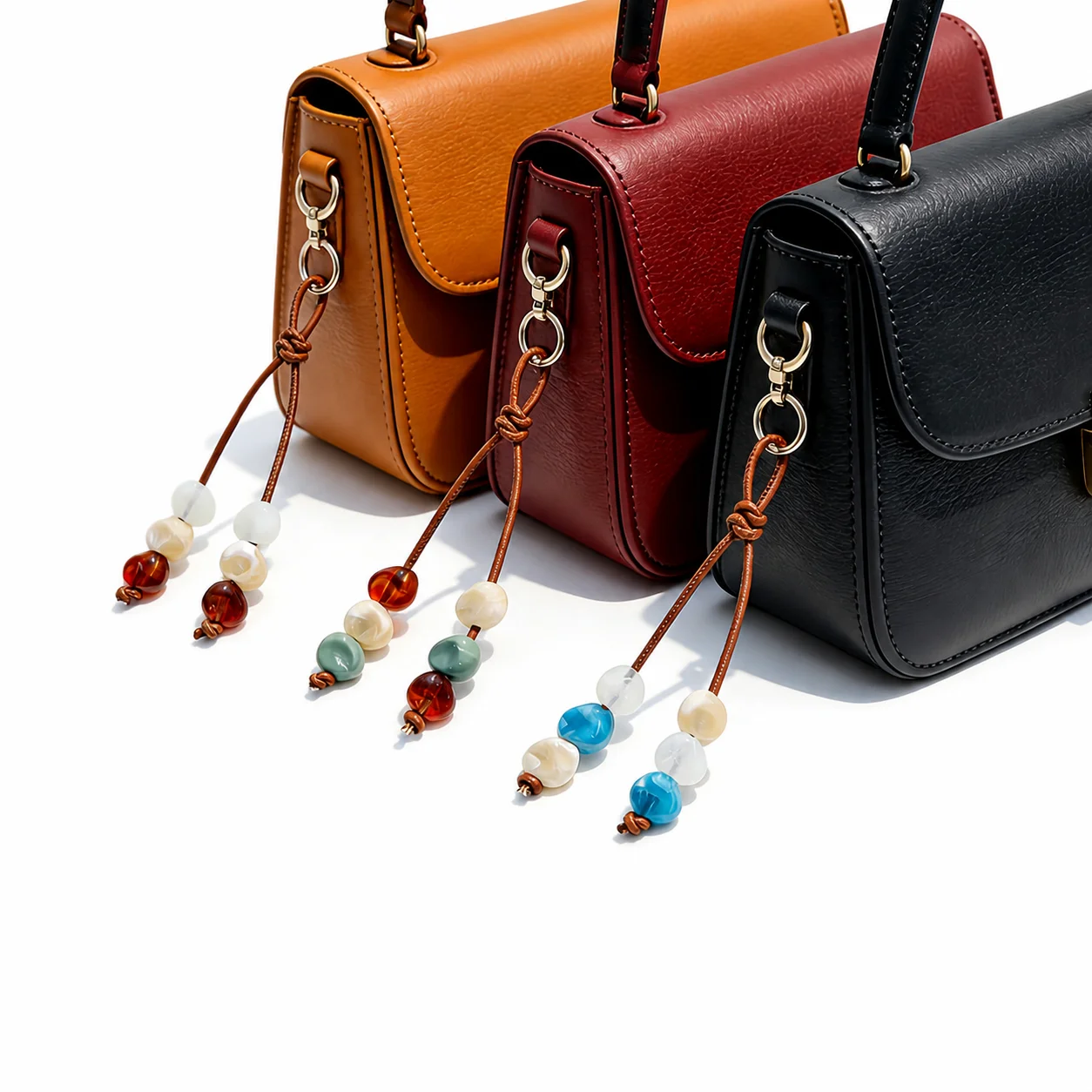 Boho Resin Flat Beaded Keychain Bohemia Braided Pu Leather Cord Handbag Backpack Charms Women Girls Key Ring Wholesale