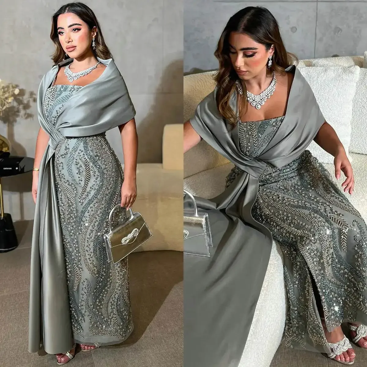 Elegant Muslim Evening Dresses Sequins Beaded Middle East Prom Gown Satin Mermaid Party Dresses Customize Vestidos de noche