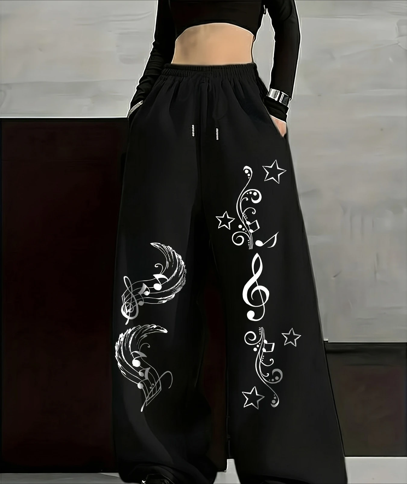 Music Elements, Notes, Feathers, Star Patterns, Printed Black Pants, Men's and Women's Casual Sports Straight Leg Pants