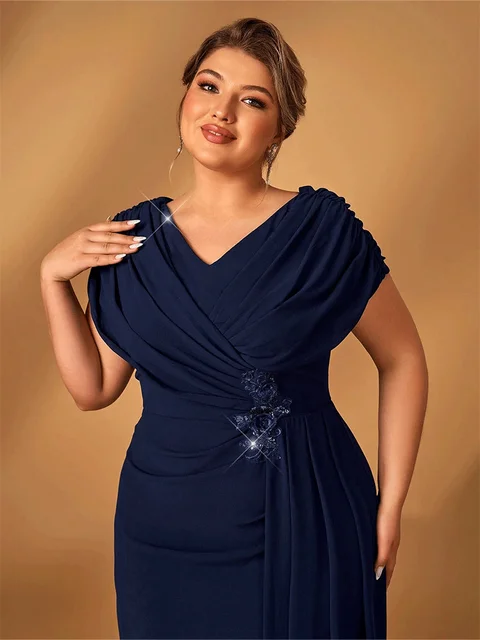 Suhdeuwsh Plus Size Luxury Mom Wedding Reception Party Luxury Shiny Plus Size Chiffon Mother Navy Blue Evening Dress 2