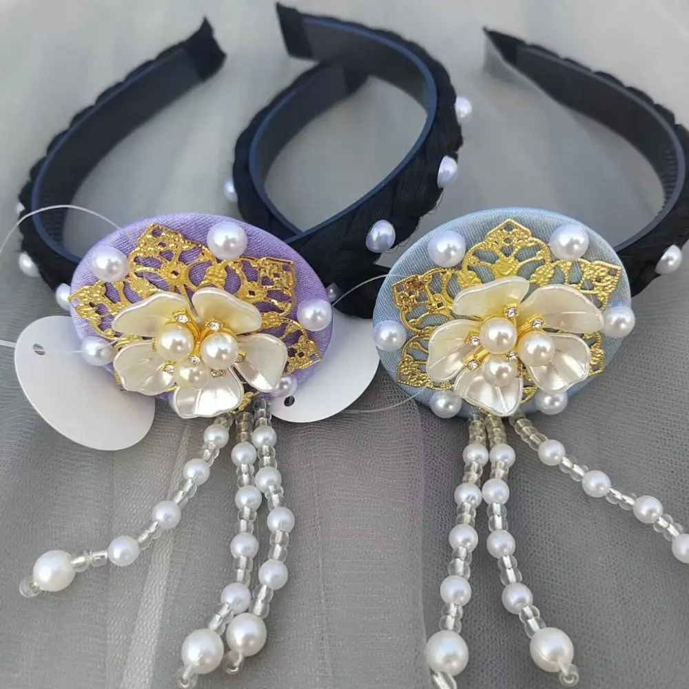 Classical Flower Korean Headband Pearl Traditional Hanbok Hairband Tassels Headdress Stage Dance Hair Hoop Performance