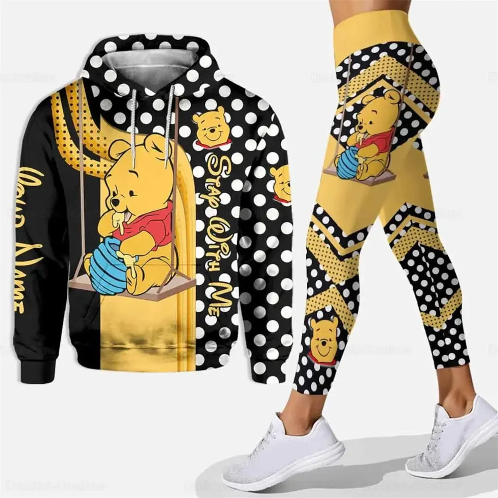 Felpa con cappuccio personalizzata Winnie the Pooh 3D Felpa con cappuccio da donna Pantaloni da yoga Set Disney Yoga Leggings Pantaloni sportivi Felpa con cappuccio Tuta sportiva di moda